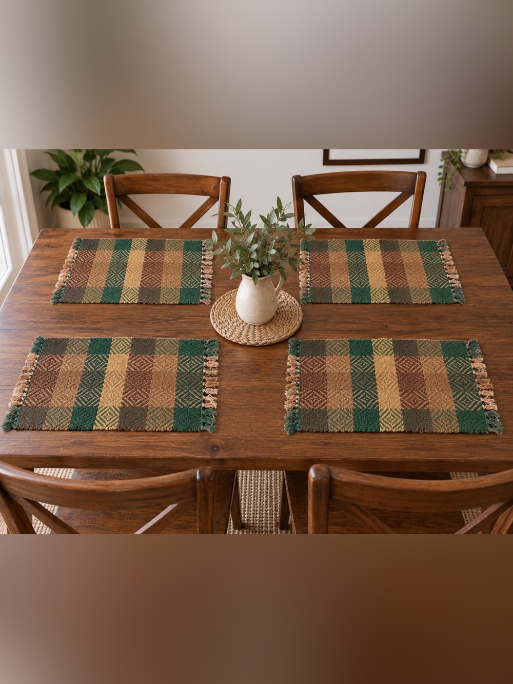 Plaid Woven Accent Cushions in Green and Brown
